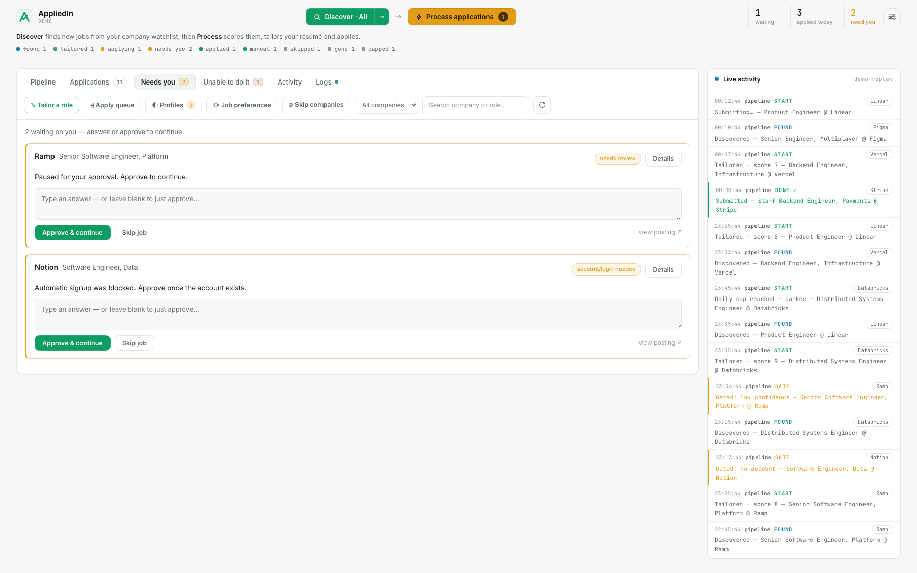 AppliedIn review queue showing approval, answer, and browser login gates
